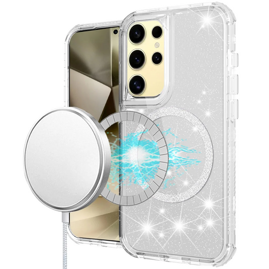 For Samsung s25 Ultra Magnetic Ring Glitter 3in1 Hybrid Case Cover - Clear