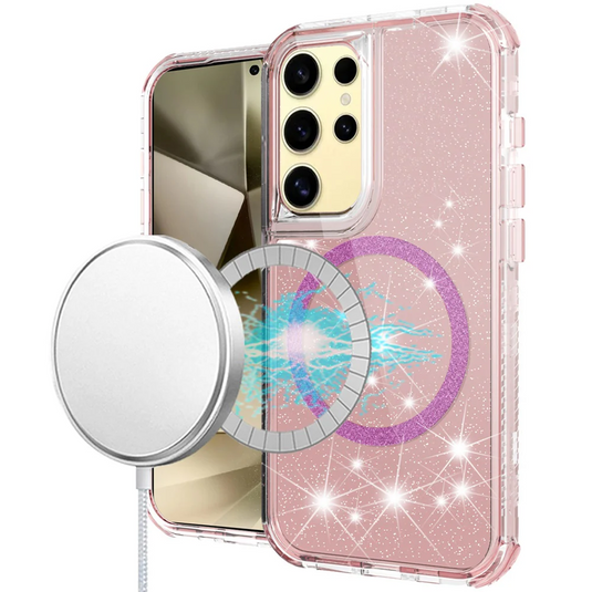 For Samsung s25 Ultra Magnetic Ring Glitter 3in1 Hybrid Case Cover - Pink