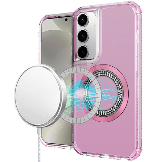 For Samsung s25/s24 Magnetic Ring Circle Bling Chrome 3in1 Hybrid Case - Pink