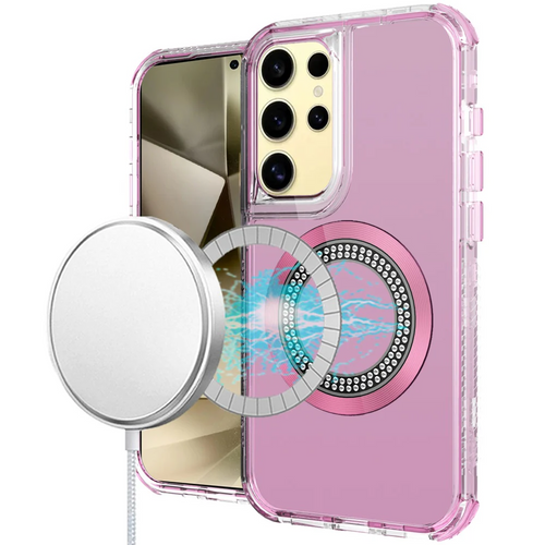 For Samsung s25 Ultra Magnetic Ring Circle Bling Chrome 3in1 Hybrid Case - Pink