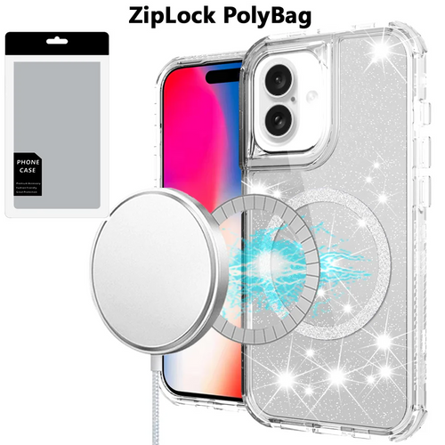 [PolyBag] For iPhone 16 6.1 inch Magnetic Ring Glitter 3in1 Hybrid Case Cover - Clear