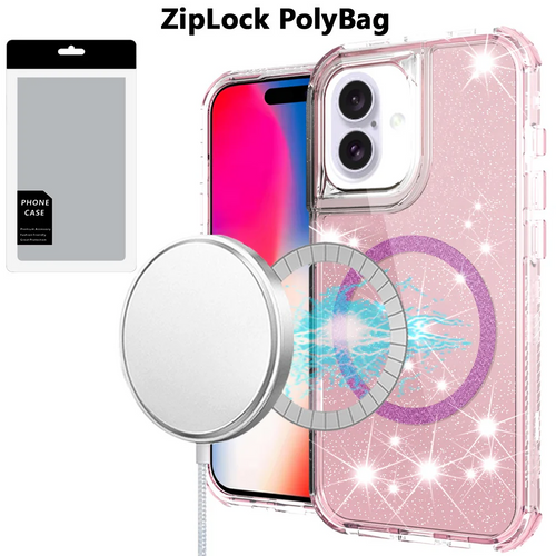 [PolyBag] For iPhone 16 6.1 inch Magnetic Ring Glitter 3in1 Hybrid Case Cover - Pink