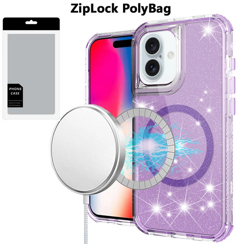 [PolyBag] For iPhone 16 6.1 inch Magnetic Ring Glitter 3in1 Hybrid Case Cover - Purple