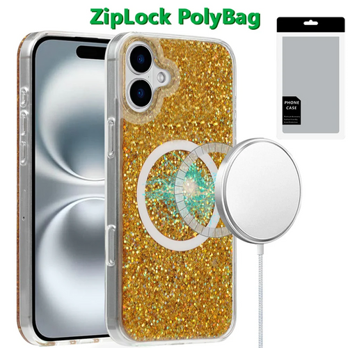 [PolyBag] For iPhone 16 6.1 inch Magnetic Glitter Epoxy Transparent Hybrid - Gold Glitter