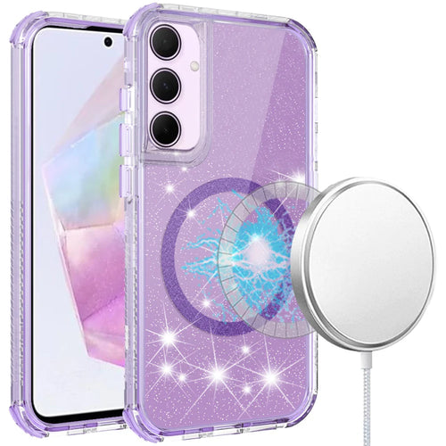 For Samsung Galaxy A36 Magnetic Ring Glitter 3in1 Hybrid Case Cover - Purple