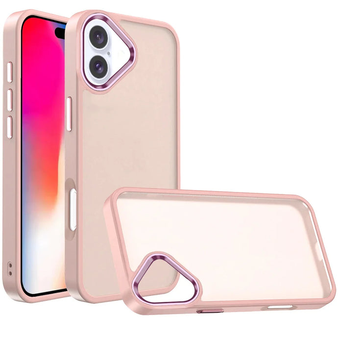 For iPhone 16 6.1 inch Polished Oil Thick Acrylic Metal Button Hybrid Case Cover - Light Pink