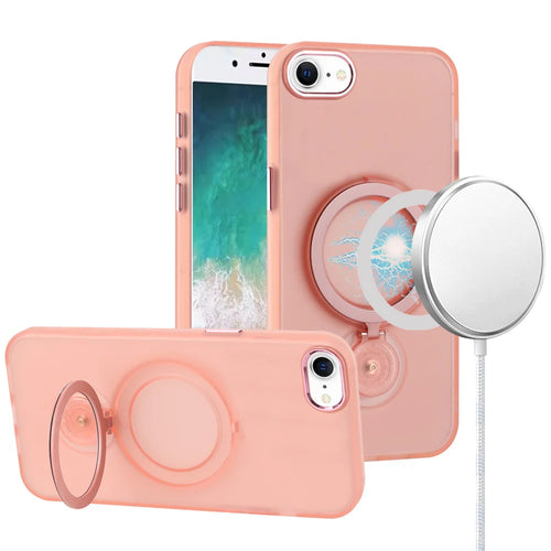 For iPhone SE4 Hoop Kickstand [Magnetic Circle] HD Transparent Chrome Hybrid - Pink