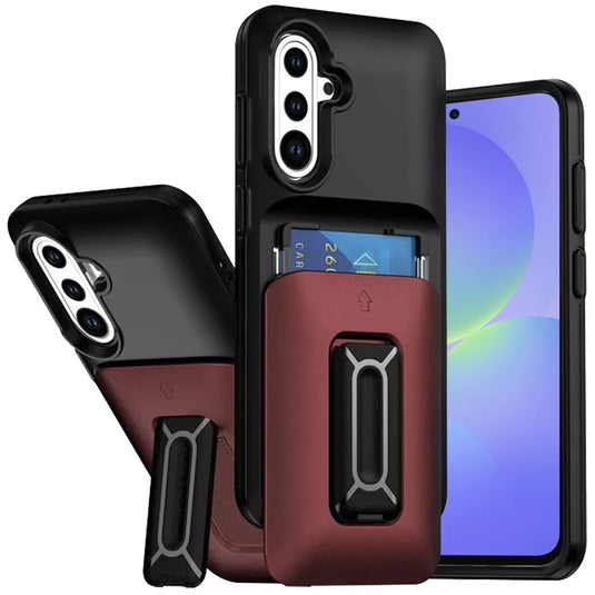 For Samsung Galaxy A36 Card Holder (2X) with Wrist Strap Hybrid With KickStand - Black+Red