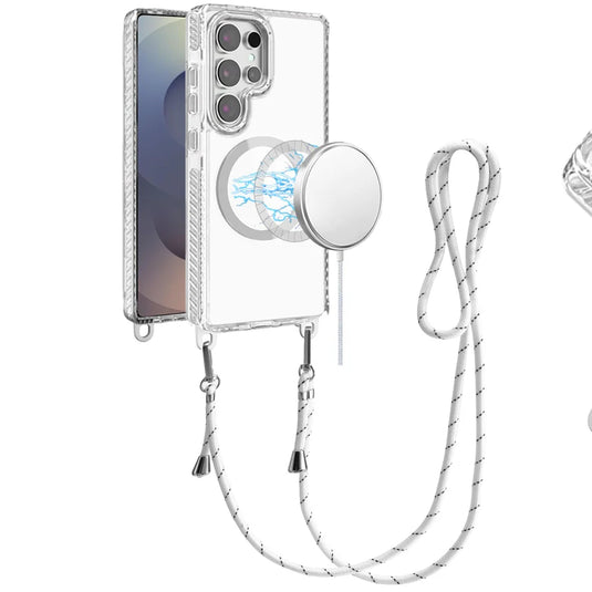 For Samsung s25 Ultra Transparent HQ Clear Line Design Edged Hybrid [Magnetic Circle] with Matching Lanyard - White
