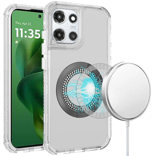 For Motorola Moto G Power 5G 2025 Magnetic Ring Circle Bling Chrome 3in1 Hybrid Case - Clear
