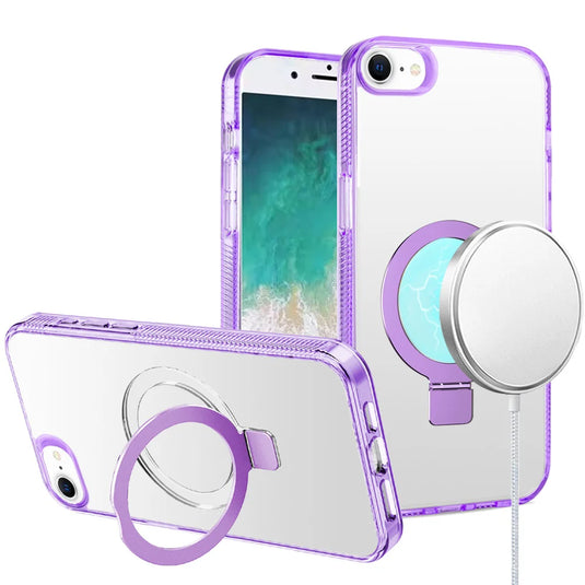 For iPhone SE4 Dotted Edged Line Transparent HQ Magnetic Ring Stand Hybrid - Light Purple