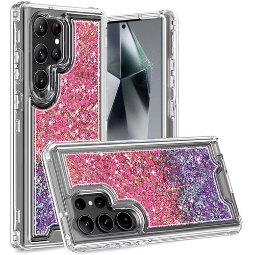 For Samsung s25 Ultra Epoxy Sticker Glitter 3in1 Shockproof Transparent Hybrid Case - Hot Pink + Purple