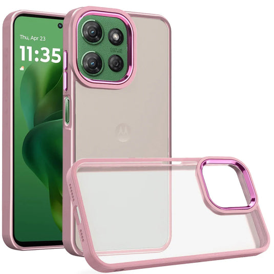 For Motorola Moto G Power 5G 2025 Polished Oil Thick Acrylic Metal Button Hybrid Case Cover - Light Pink