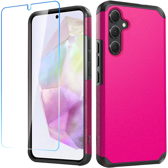For Samsung Galaxy A36 / A56 Tough Strong Hybrid Case Cover + Tempered Glass - Hot Pink