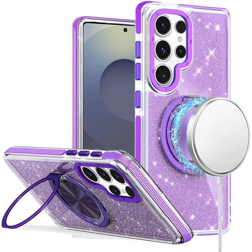 For Samsung s25 Ultra Glitz HQ Shimmer Glitter [Magnetic Ring Circle] with 360 degree Rotational Ring Kickstand Tough Hybrid Case - Purple