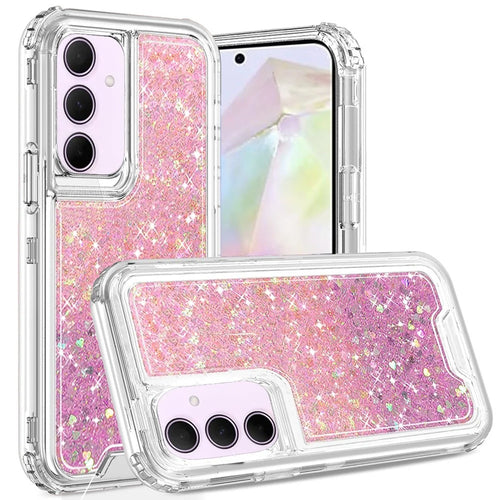 For Samsung Galaxy A36 Epoxy Sticker Glitter 3in1 Shockproof Transparent Hybrid Case - Pink + Light Purple