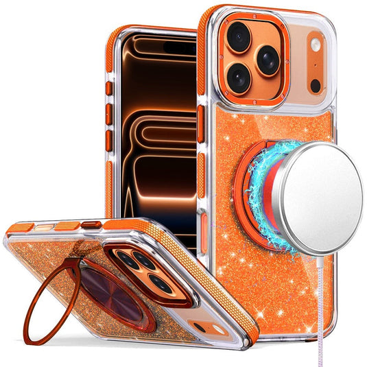 For iPhone 17 Pro Max Glitz HQ Shimmer Glitter [Magnetic Ring Circle] with 360 degree Rotational Ring Kickstand Tough Hybrid Case - Cosmic Orange