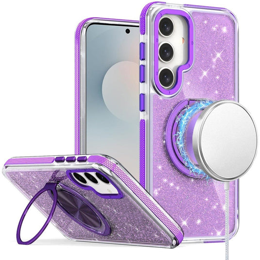 For Samsung s26 Plus Glitz HQ Shimmer Glitter [Magnetic Ring Circle] with 360 degree Rotational Ring Kickstand Tough Hybrid Case - Purple