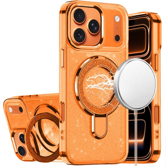For iPhone 17 Pro Max Transparent Glitter Rotaional Magnetic Ring Stand HQ Hybrid - Cosmic Orange