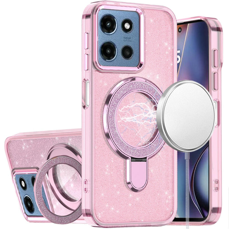 Load image into Gallery viewer, For Motorola Moto G 5G 2025 Transparent Glitter Rotaional Magnetic Ring Stand HQ Hybrid - Light Pink
