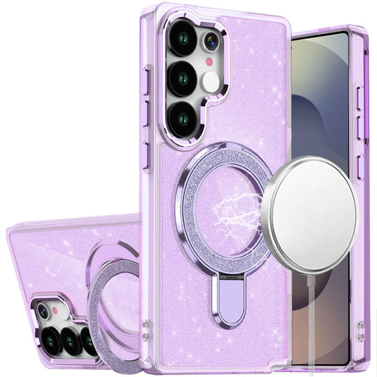 For Samsung s25 Ultra Transparent Glitter Rotaional Magnetic Ring Stand HQ Hybrid - Light Purple