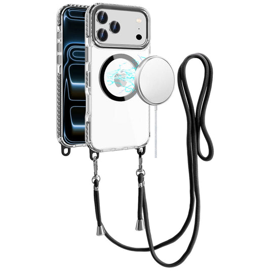 For iPhone 17 Pro Max Transparent HQ Clear Line Design Edged Hybrid [Magnetic Circle] with Matching Lanyard - Black