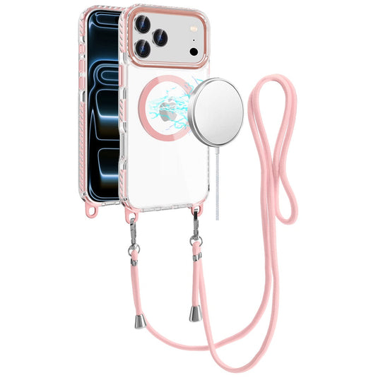 For iPhone 17 Pro Max Transparent HQ Clear Line Design Edged Hybrid [Magnetic Circle] with Matching Lanyard - Light Pink