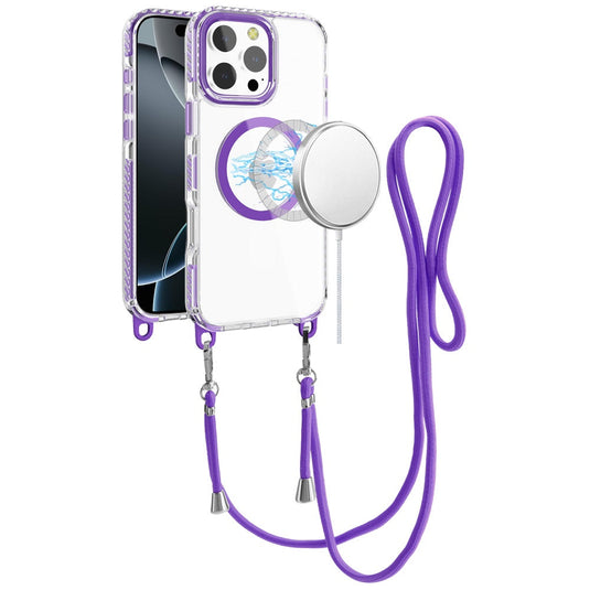 For iPhone 16 Pro Max 6.9 inch Transparent HQ Clear Line Design Edged Hybrid [Magnetic Circle] with Matching Lanyard - Dark Purple