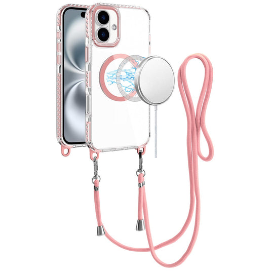 For iPhone 16 Plus 6.7 inch Transparent HQ Clear Line Design Edged Hybrid [Magnetic Circle] with Matching Lanyard - Light Pink