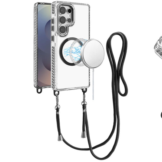 For Samsung s25 Ultra Transparent HQ Clear Line Design Edged Hybrid [Magnetic Circle] with Matching Lanyard - Black