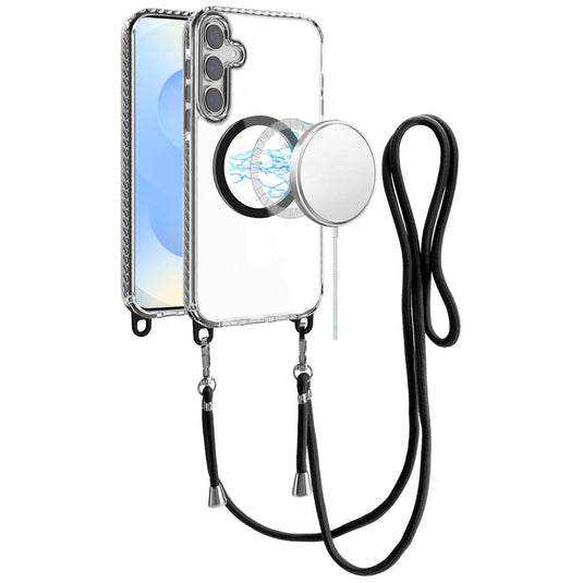 For Samsung s25/s24 Transparent HQ Clear Line Design Edged Hybrid [Magnetic Circle] with Matching Lanyard - Black