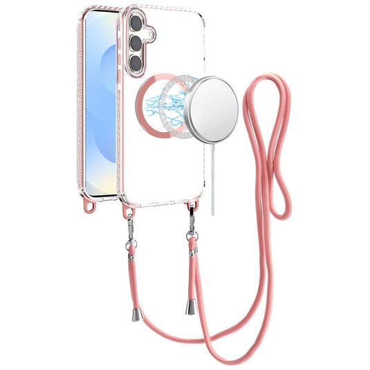 For Samsung s25/s24 Transparent HQ Clear Line Design Edged Hybrid [Magnetic Circle] with Matching Lanyard - Light Pink