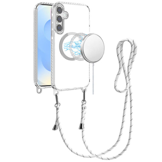 For Samsung s25/s24 Transparent HQ Clear Line Design Edged Hybrid [Magnetic Circle] with Matching Lanyard - White