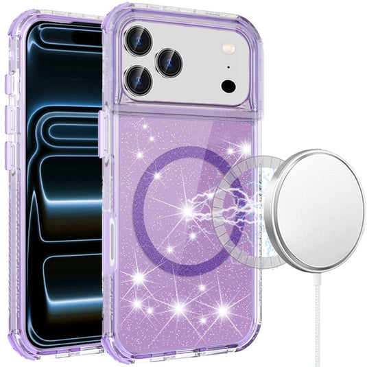 For iPhone 17 Pro Max Magnetic Ring Glitter 3in1 Hybrid Case Cover - Purple