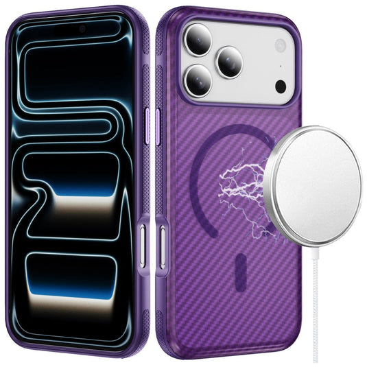 For iPhone 17 Pro Max Thick Carbon Design Magnetic Hybrid with Metallic Buttons Case - Purple