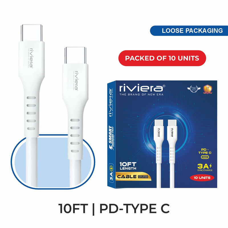 Load image into Gallery viewer, Loose (Pack of 10) Counter Box - 10FT Fast Charging Cable [Type C - Type C (PD)] - White (6)
