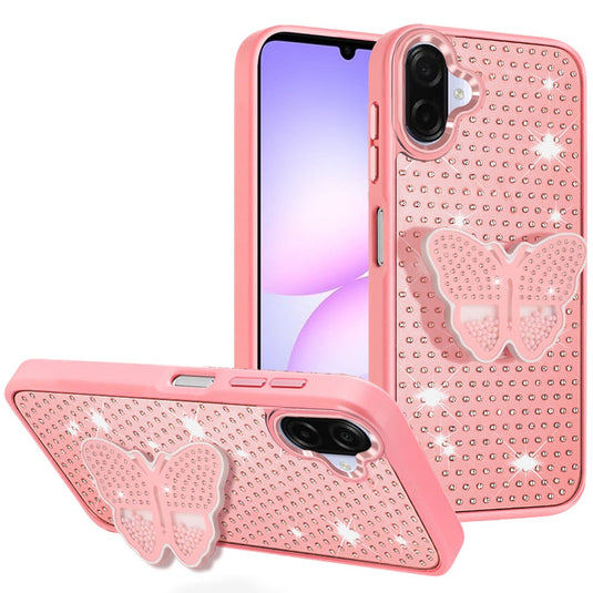 For Samsung Galaxy A07 Butterfly Moveable Grip Stand With Small Diamonds Meta Buttons HQ Hybrid - Pink