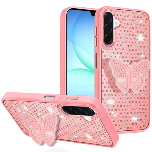 For Samsung A17 5G Butterfly Moveable Grip Stand With Small Diamonds Meta Buttons HQ Hybrid - Pink