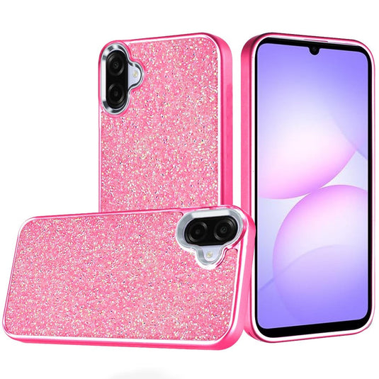For Samsung Galaxy A07 Crystal Glass Diamond with Metallic Buttons and Edges Hybrid Case - Hot Pink