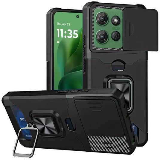 For Motorola Moto G Power 5G 2025 Multi-Functional Card Magnetic Ring Stand Hybrid Camera Case Cover - Black