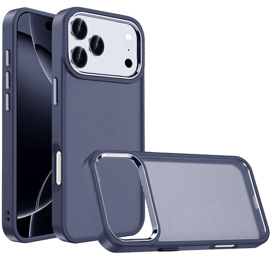For iPhone 17 Pro Polished Oil Thick Acrylic Metal Button Hybrid Case Cover - Dark Blue