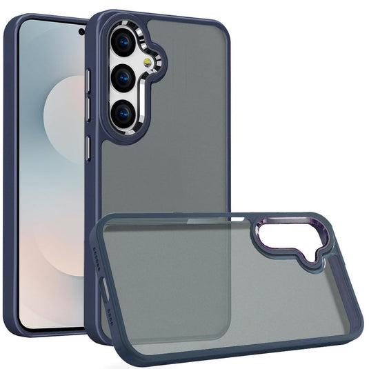 For Samsung s25 FE Polished Oil Thick Acrylic Metal Button Hybrid Case Cover - Dark Blue