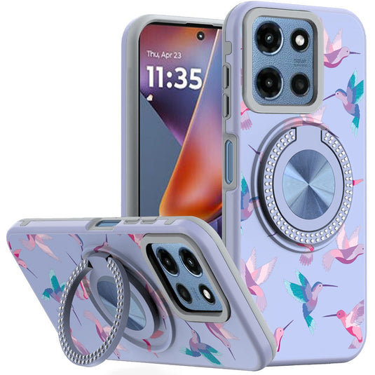 For Moto G 5G 2025/2026 - G Play 2026 - Metal Diamond CD Pattern Design Matte Finished Hybrid with Rotational Ring [Car Mount Friendly] Case - Hummingbird & Floral