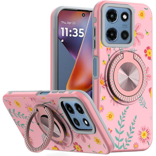 For Moto G 5G 2025/2026 - G Play 2026 - Metal Diamond CD Pattern Design Matte Finished Hybrid with Rotational Ring [Car Mount Friendly] Case - Pink with Daisies and Floral