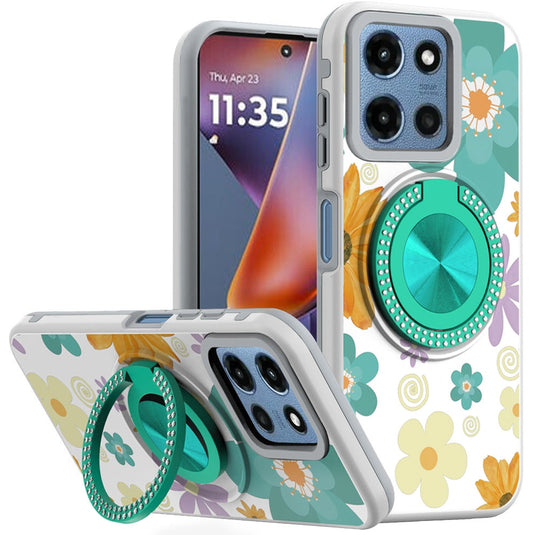 For Moto G 5G 2025/2026 - G Play 2026 - Metal Diamond CD Pattern Design Matte Finished Hybrid with Rotational Ring [Car Mount Friendly] Case - Yellow & Purple Flowers