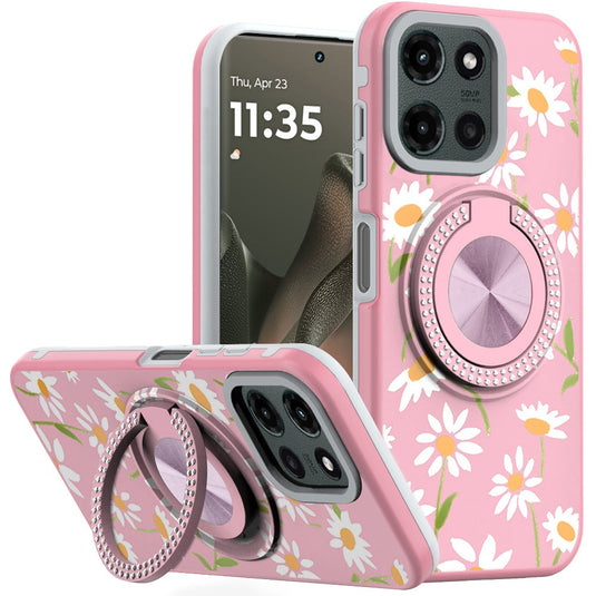 For Motorola Edge 2025 Metal Diamond CD Pattern Design Matte Finished Hybrid with Rotational Ring [Car Mount Friendly] Case - Floral A