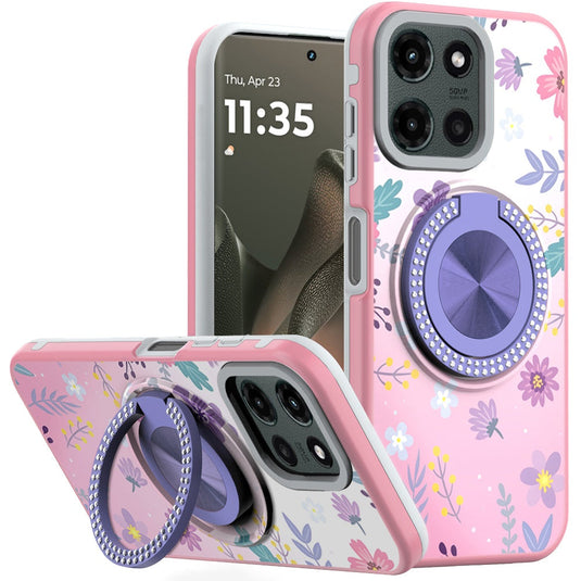 For Motorola Edge 2025 Metal Diamond CD Pattern Design Matte Finished Hybrid with Rotational Ring [Car Mount Friendly] Case - Floral C