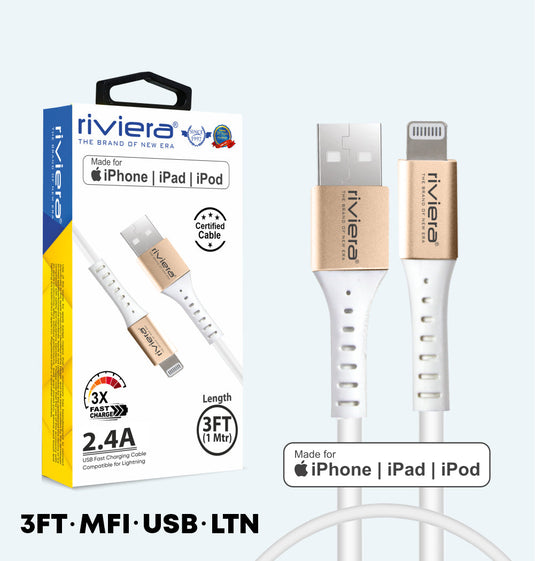 3 Feet [USB - iPhone Lightning cable - MFI]- 2.4 AMP Fast Charging RIVIERA - White (18)