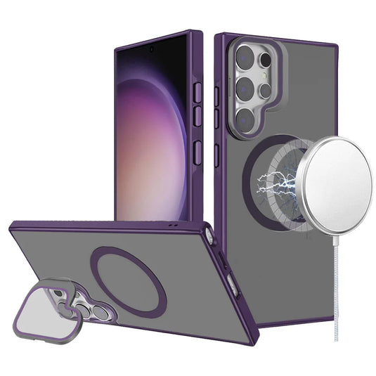 For Samsung S23 Ultra Frame Aluminium Camera Stand Metallic Buttons [Magnetic Circle] Tough HQ Hybrid Case - Purple