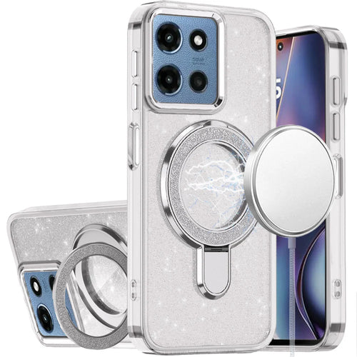 For Motorola Moto G 5G 2025 Transparent Glitter Rotaional Magnetic Ring Stand HQ Hybrid - Clear